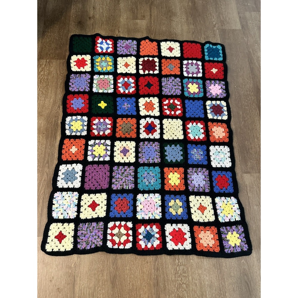 Handmade Crochet Granny Square Afghan Blanket Multicolor Black 35x44" cottage